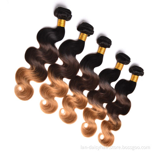 Malaysian Ombre Hair Extensions  India Body Wave Color T1b/4/27  Virgin Hair Bundles Three Tone Color Remy Hair Weaves In Whole